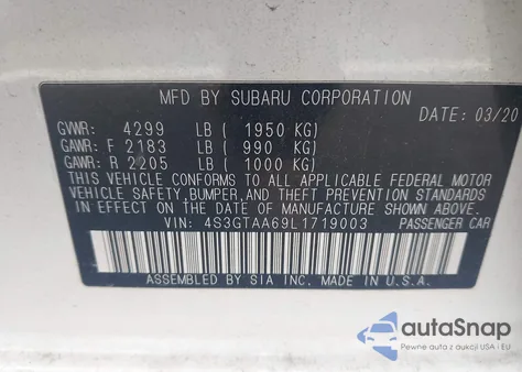 2020 Subaru Impreza 5-Door z USA, uszkodzony, nr VIN 4S3GTAA69L1719003